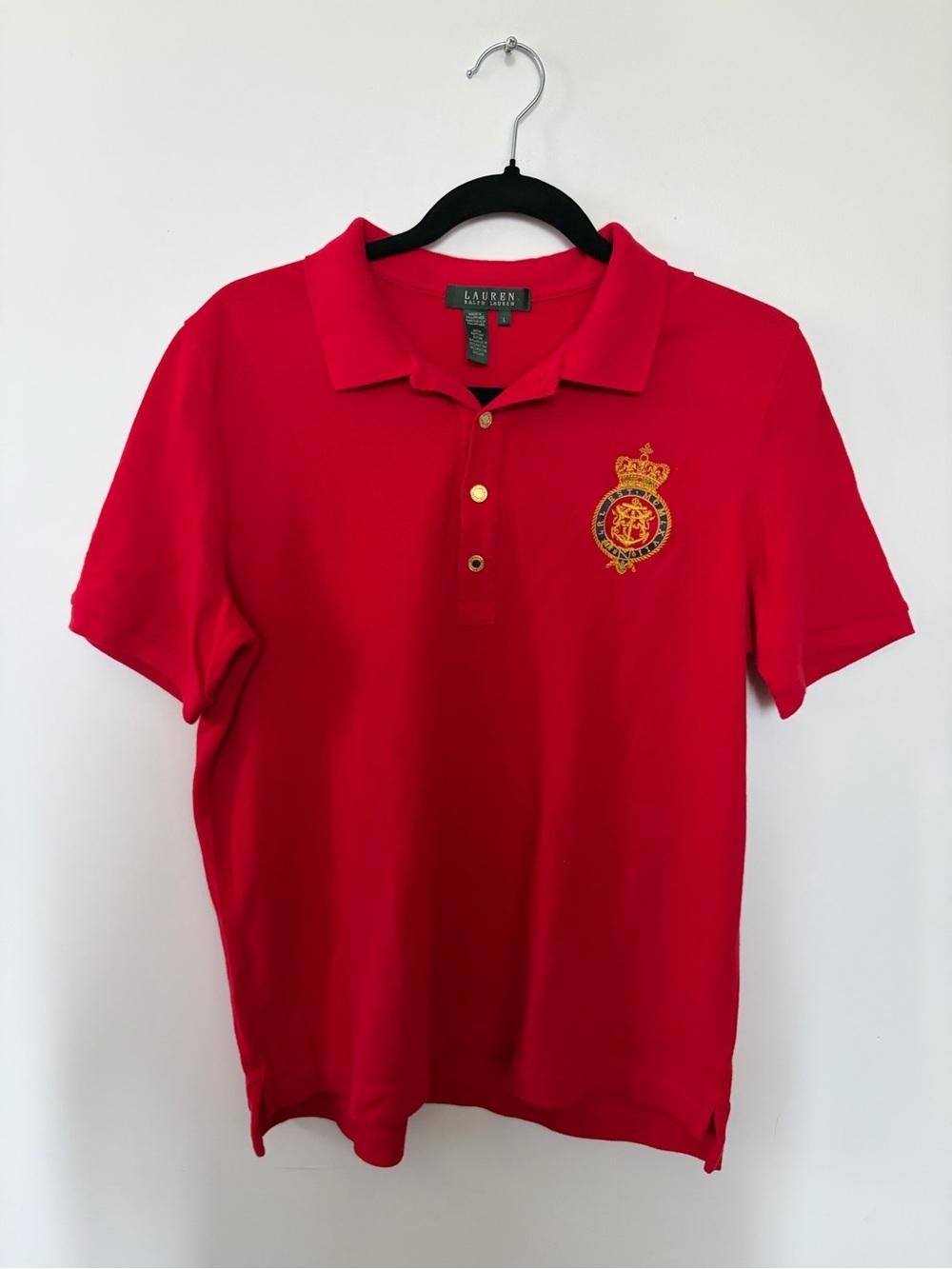 Lauren Ralph Lauren Preppy Polo Red Quarter Button with Crested Patch - L